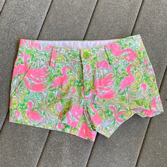 Lilly Pulitzer Pants - Lilly Pulitzer The Walsh Short Hot Wings 2 Flamingo Pink Green EUC